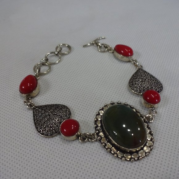 Unique "BLOODSTONE AGATE & RED CORAL" Handmade Sterling Bracelet 8.5" #478A - Picture 1 of 3